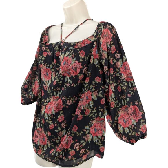 WAYF Liberty Off The Shoulder Blouse Womens Black Red Floral Metallic Size M - Picture 3 of 11